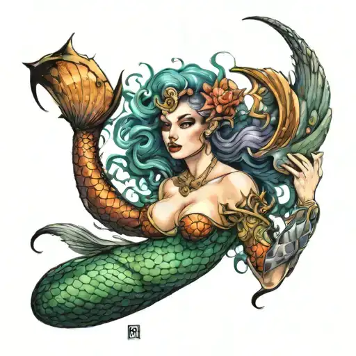 warrior mermaid large breast  tattoo design idea