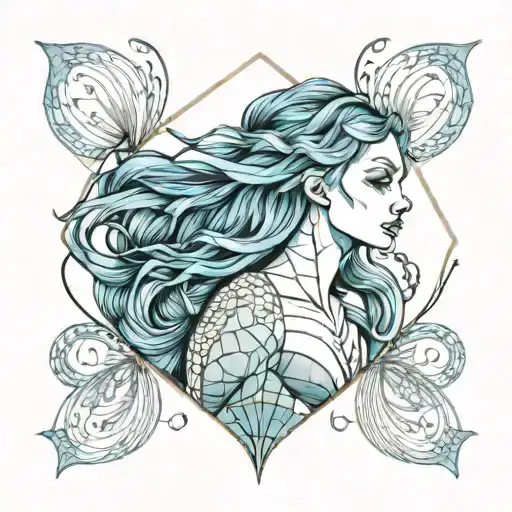 blue haired warrior mermaid large breast  tattoo design idea