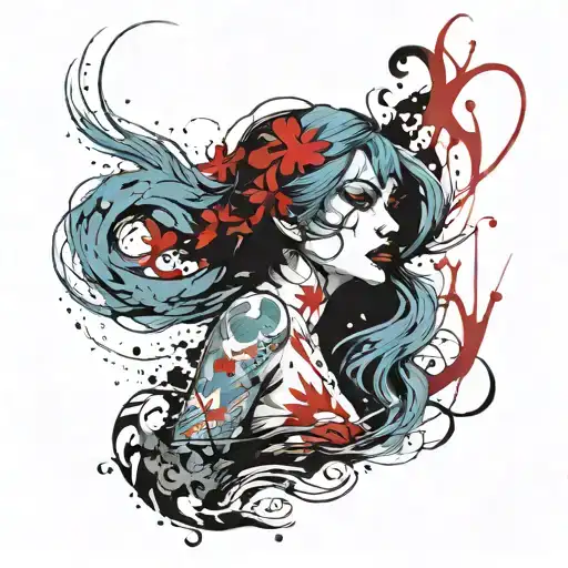 blue haired warrior mermaid large breast  tattoo design idea
