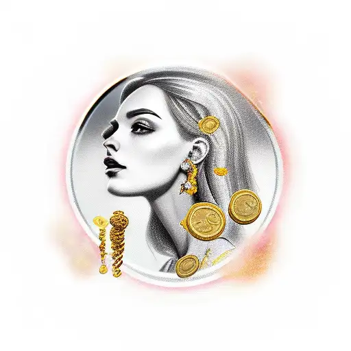 Portrait of Miss Fortune surrounded by gold coins and jewels tattoo design idea