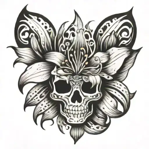 black and white tiger lily with skull inside tattoo design idea