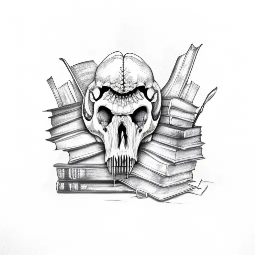 t rex skull over books of memento mori and memento vivere tattoo design idea
