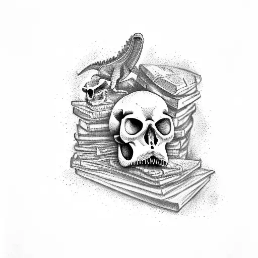 dinosaur skull over books of memento mori and memento vivere tattoo design idea