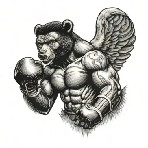 Muhammad Ali riding a bear with wings and a halo, surrounded by boxing gloves tattoo design idea