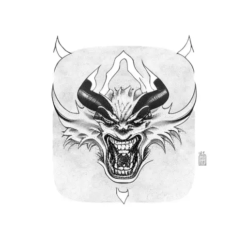 A Japanese demon driving a Skyline R34 GTR through the streets of Tokyo tattoo design idea