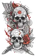 skull with a knife in and the letter A next to 2 roses, apocalypse symbol tattoo design idea