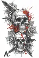 skull with a knife in and the letter A next to 2 roses, apocalypse symbol tattoo design idea