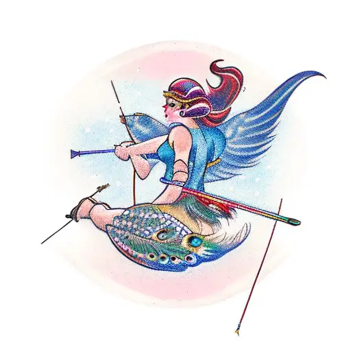 female archer shooting bow, peacock feather on the bow and arrow, rays of light tattoo design idea