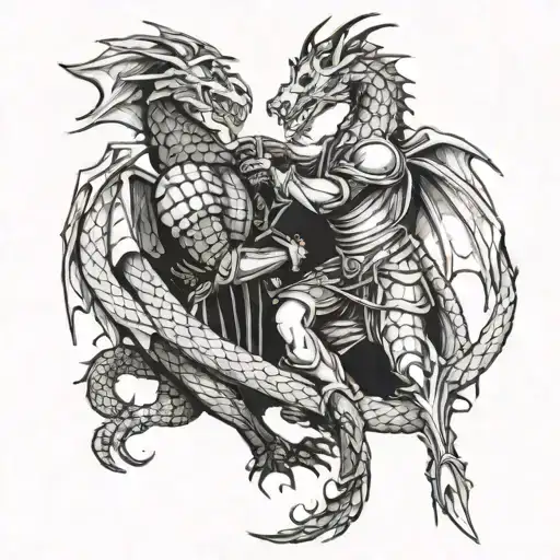knight fighting dragon intertwined holding neck of dragon while dragon is in throes of death due to sword implanted  tattoo design idea