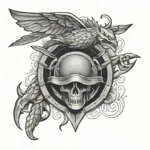 Intricate black and grey Helldiver emblem on chest tattoo design idea