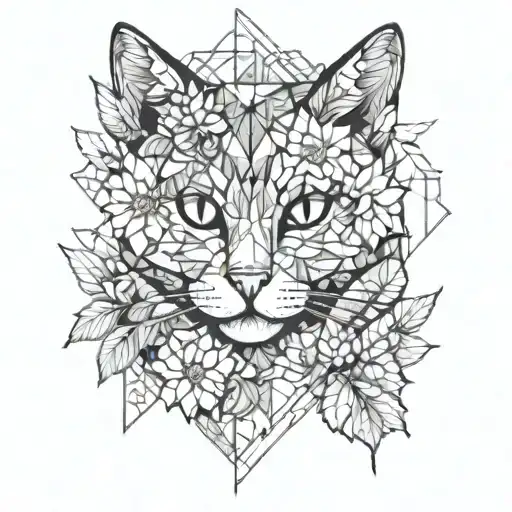 Cat and flowers tattoo design idea