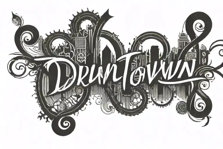 word "downtown" curved shape bending tattoo design idea