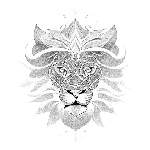 An intricate blackwork design featuring Jewish symbols intertwined with the silhouette of a lion tattoo design idea