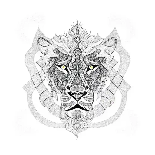 An intricate blackwork design featuring Jewish symbols intertwined with the silhouette of a lion tattoo design idea