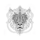 An intricate blackwork design featuring Jewish symbols intertwined with the silhouette of a lion tattoo design idea