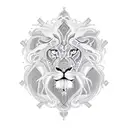 An intricate blackwork design featuring Jewish symbols intertwined with the silhouette of a lion tattoo design idea