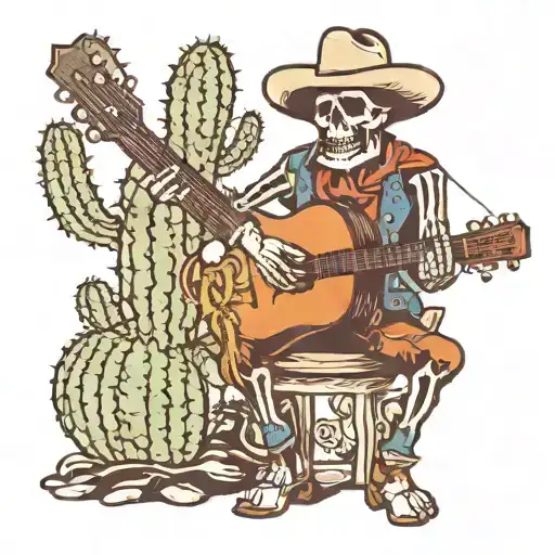 cowboy skeleton playing guitar next to a cactus tattoo design idea