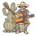 cowboy skeleton playing guitar next to a cactus tattoo design idea