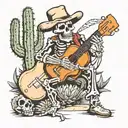 cowboy skeleton playing guitar next to a cactus tattoo design idea