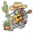 cowboy skeleton playing guitar next to a cactus tattoo design idea