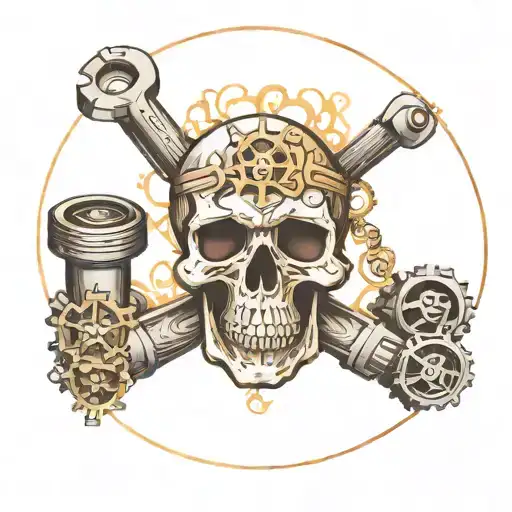 skull gears pistons like crossbones floating tattoo design idea