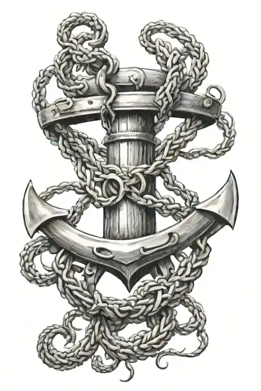 An anchor whose rope turns into octopus tentacles that hold the ship's wheel tattoo design idea