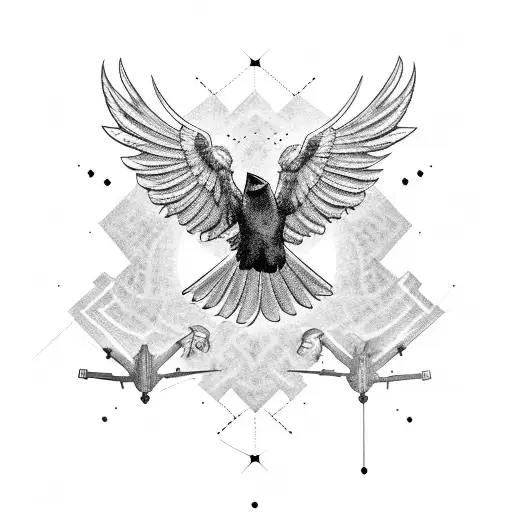 A majestic raven with outstretched wings beneath which are silhouettes of drones tattoo design idea