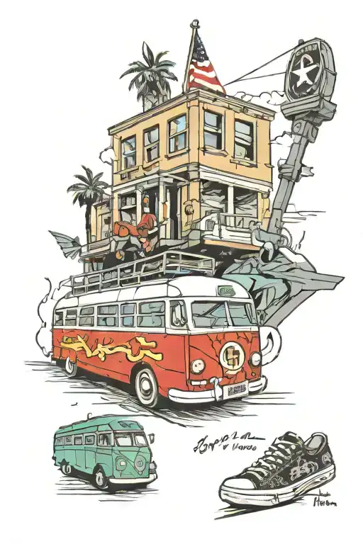 be split window bus, Harley logo, converse all star, Lego figurine  tattoo design idea