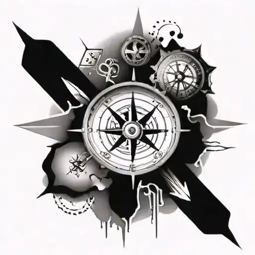 A tattoo of a compass with the needle pointing towards a sober life, surrounded by elements symbolizing addiction and recovery tattoo design idea