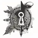 A tattoo of a keyhole with abstract patterns symbolizing breaking free from addiction, surrounded by symbols of technology and sobriety tattoo design idea