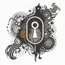 A tattoo of a keyhole with abstract patterns symbolizing breaking free from addiction, surrounded by symbols of technology and sobriety tattoo design idea