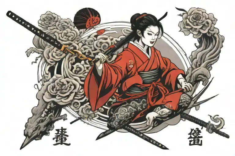 samurai girl with symbol of balance tattoo design idea