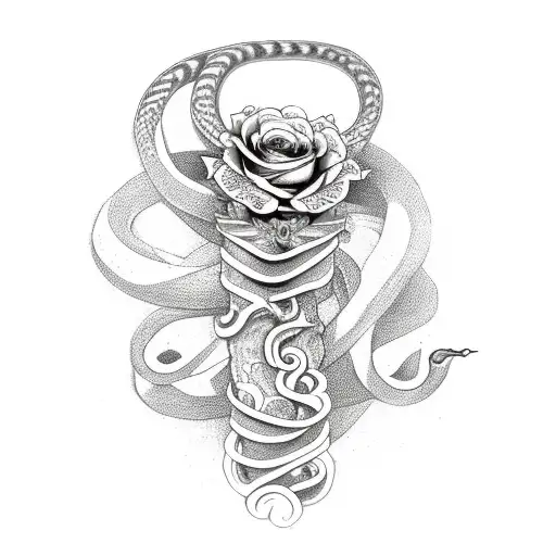 dagger with a snake around it and flowers on the sides tattoo design idea