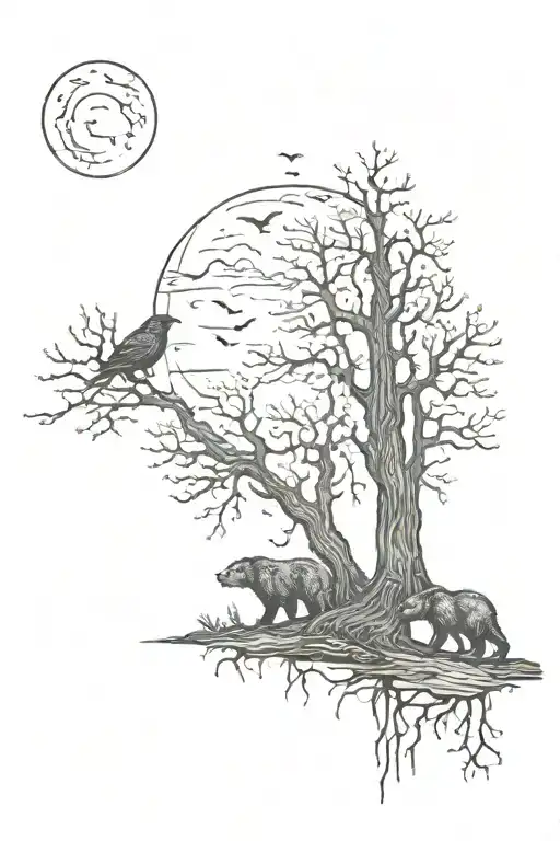dark forest with crows with night sky and baby bear looking at relection of older self tattoo design idea