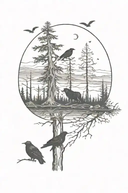 dark forest with crows with night sky and baby bear looking at relection of older self tattoo design idea