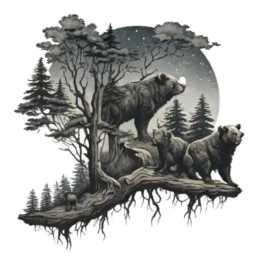 Dark Forest With Crows With Night Sky And Baby Bear Looking At Relection Of Older Self tattoo design idea