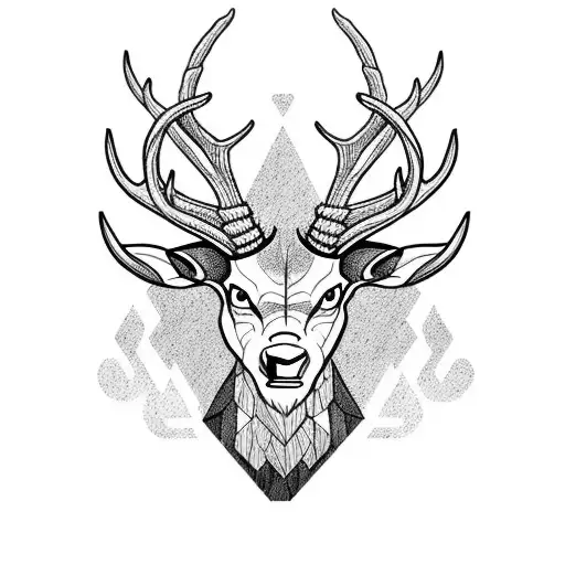 angry scary buck with huge big horns with a forest as background tattoo design idea
