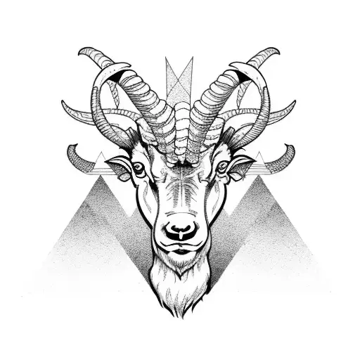 angry scary ferral big horn goat with a forest as background tattoo design idea