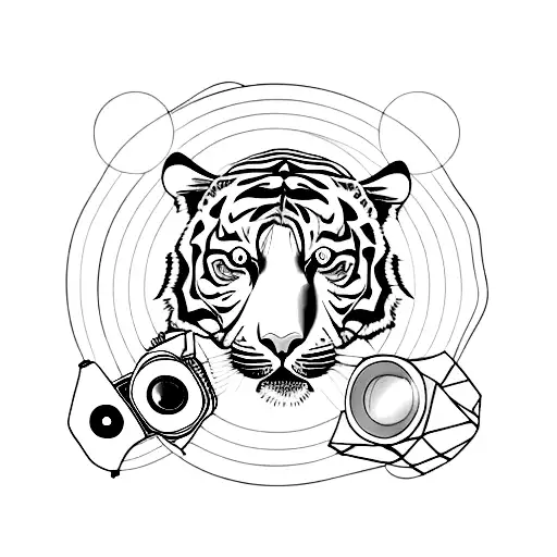 A minimalist tattoo of a tiger in a straight line with a camera lens incorporated, representing your favorite things and occupation as a filmmaker tattoo design idea