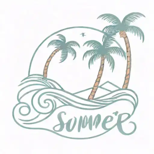 A minimalist palm tree and ocean wave design with the word 'summer' incorporated tattoo design idea