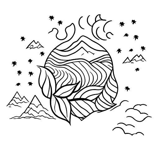A minimalist tattoo of a weed leaf forming the shape of a mountain range with a sun setting behind it tattoo design idea