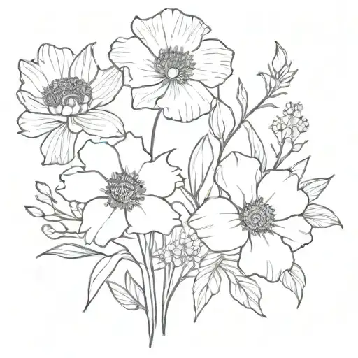 poppy, marigold, larkspur, daffodil  bouquet tattoo design idea
