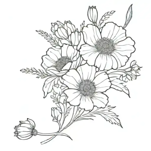 poppy, marigold, larkspur, daffodil flower bouquet   tattoo design idea