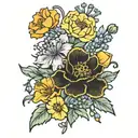 poppy, marigold, larkspur, daffodil flowers tattoo design idea