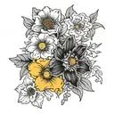 poppy, marigold, larkspur, daffodil flowers tattoo design idea