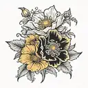 poppy, marigold, larkspur, daffodil flowers tattoo design idea