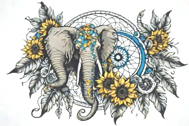  sunflowers, feathers, evil eye, dream catcher, butterflies, elephant tattoo design idea