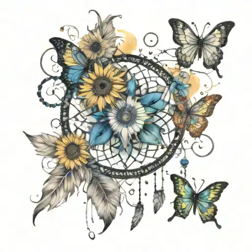  sunflowers, feathers, evil eye, dream catcher, butterflies, elephant tattoo design idea