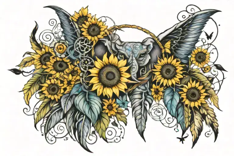 sunflowers, feathers, evil eye, dream catcher, butterflies, elephant tattoo design idea