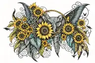 sunflowers, feathers, evil eye, dream catcher, butterflies, elephant tattoo design idea